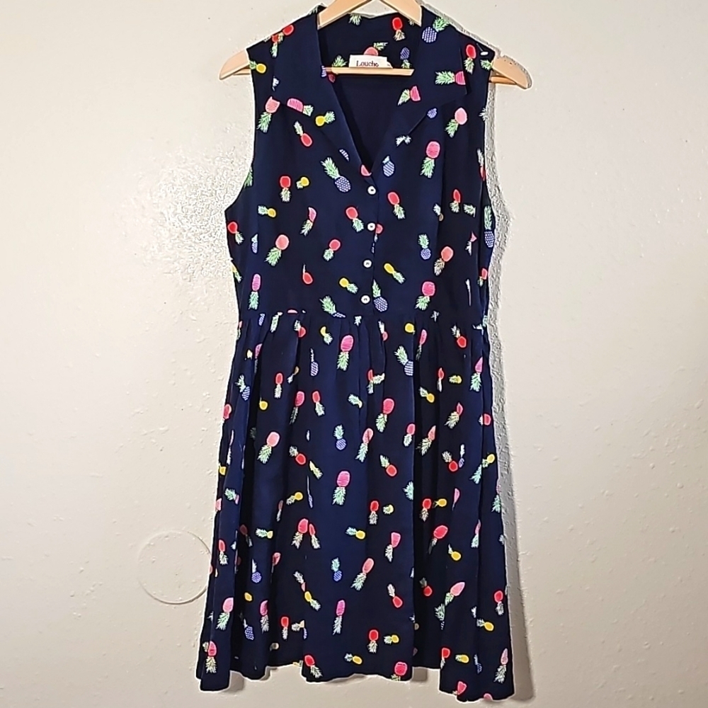 LOUCHE Pineapple Print Midi Blue Dress